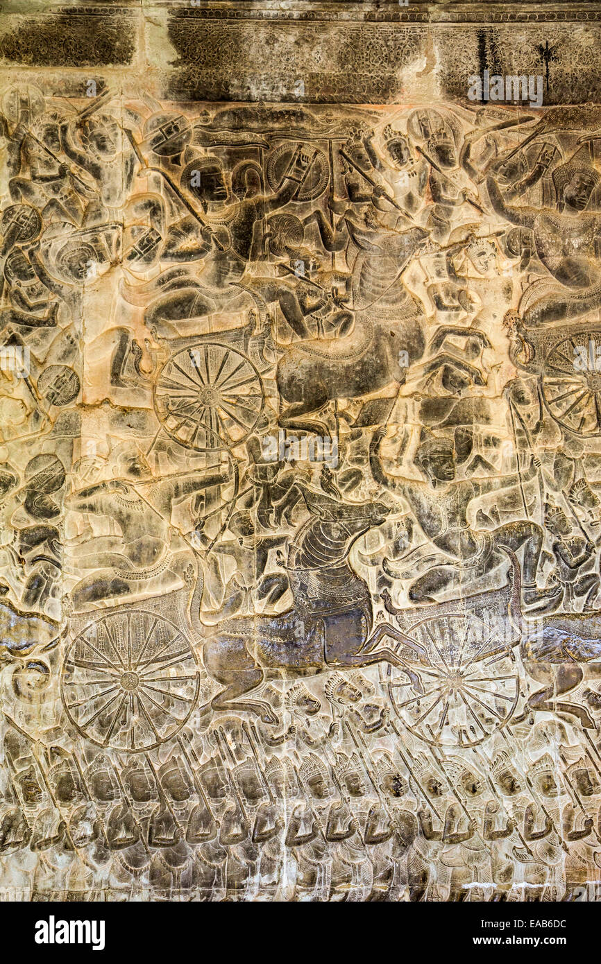 Cambodia, Angkor Wat.  Bas-relief Showing the Kaurava Army Advancing into the Battle of Kurukshetra. Stock Photo