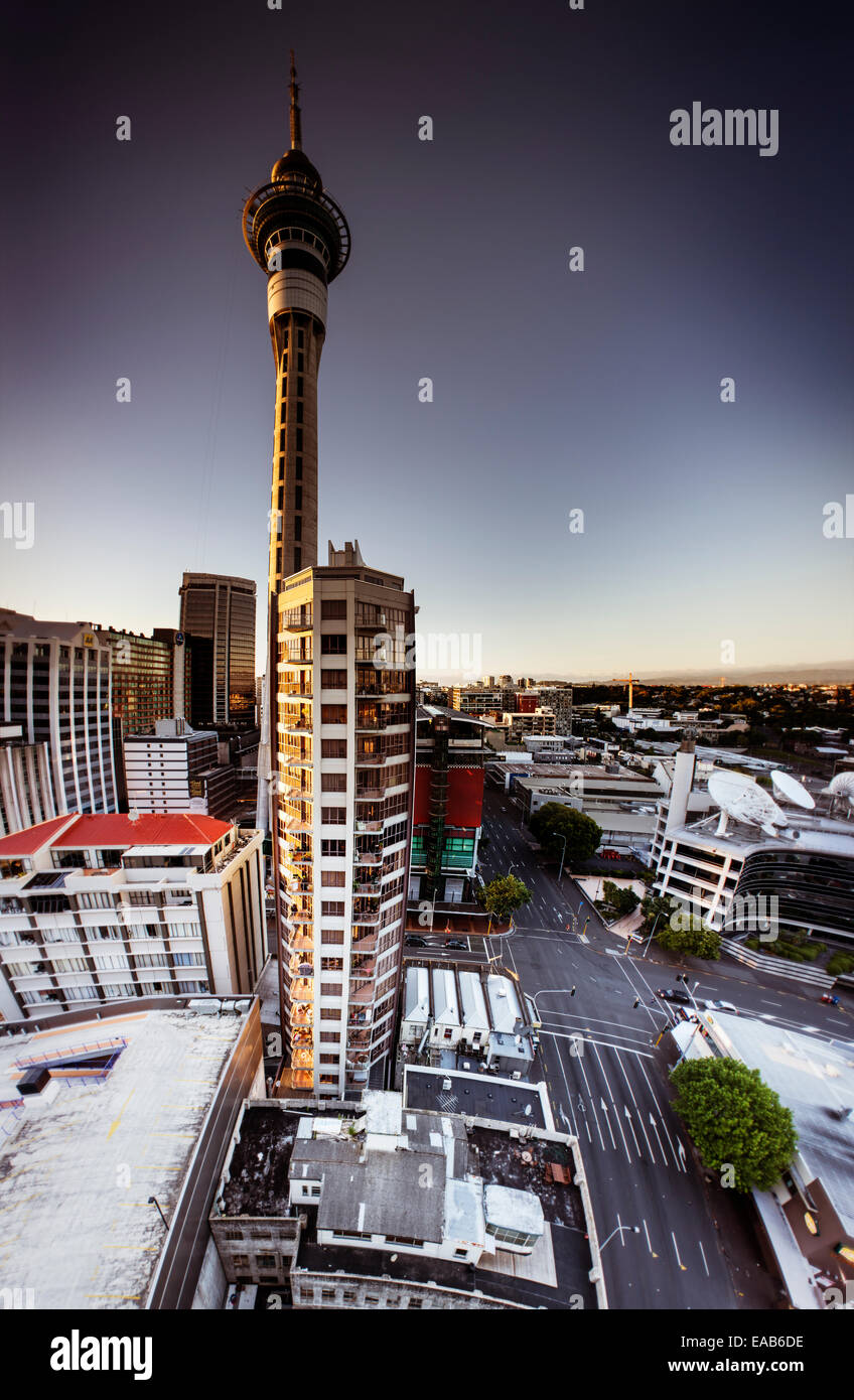 Skytower, Auckland. 4 image stitch vertical panorama Stock Photo
