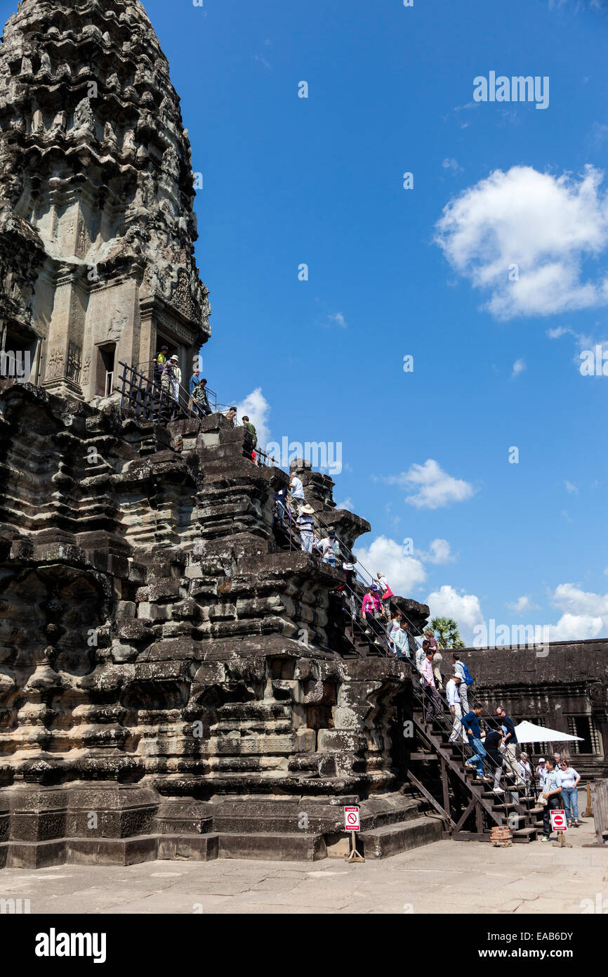 Cambodia, Angkor Wat.  Stairway to the Temple Tower. Stock Photo