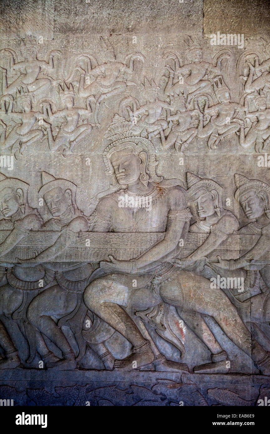 Cambodia, Angkor Wat.  Gods Churning the Sea of Milk, from the Hindu Creation Myth, the Bhagavata-Purana. Stock Photo