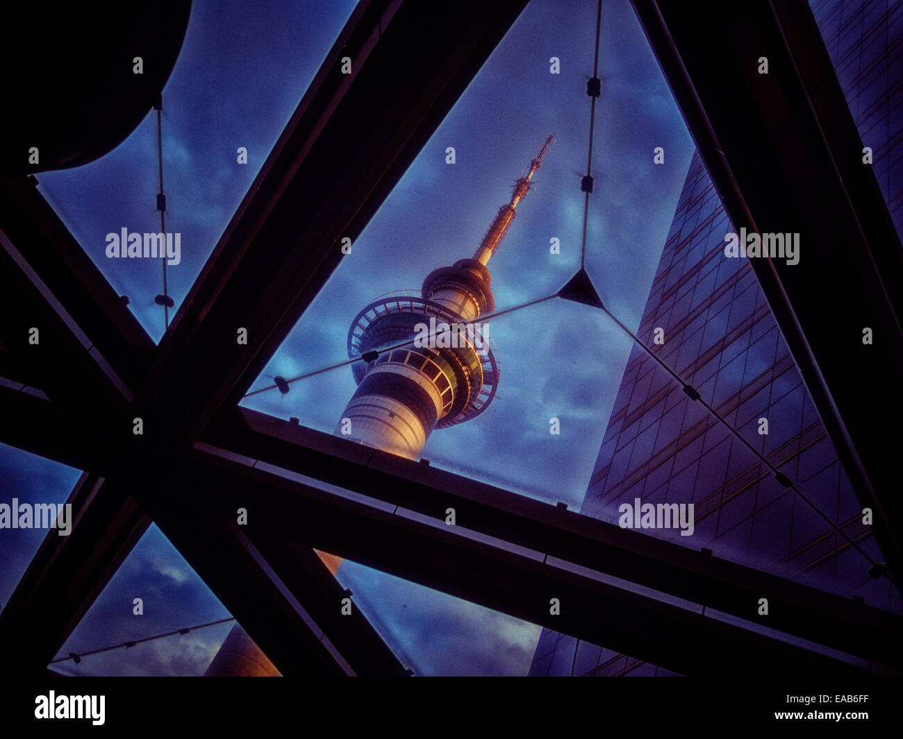 Auckland Skytower seen through glass roof. Stock Photo