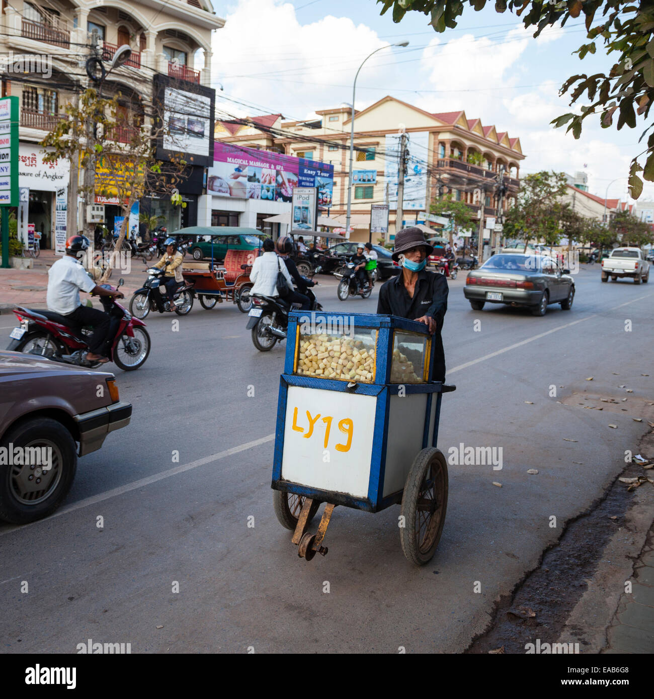 Cambodia, Street Vendor, Siem Reap Street Scene. Stock Photo