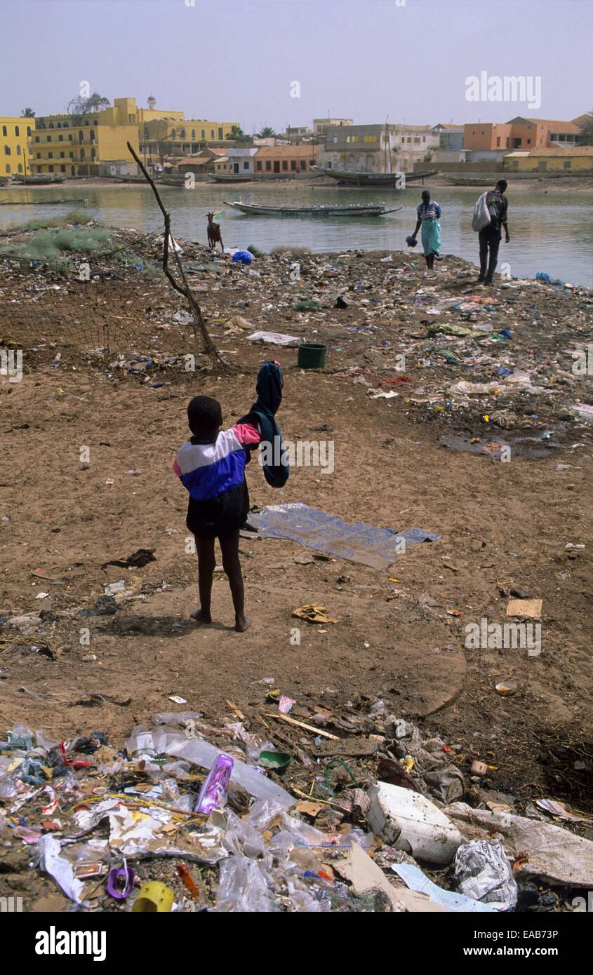 Dirty riverbank of Senegal river, Saint Louis, Senegal Stock Photo