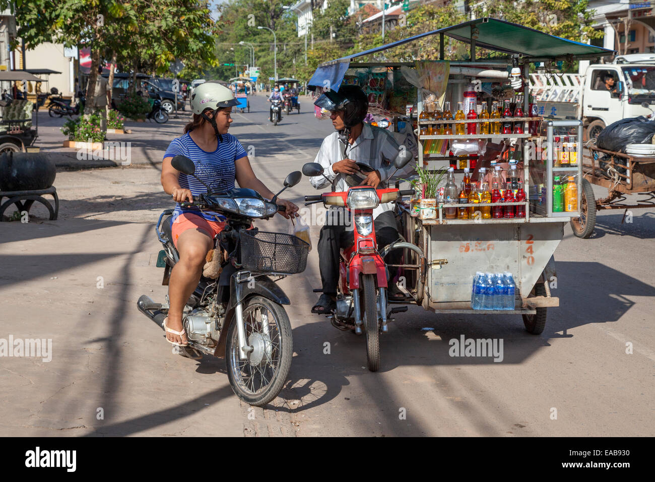 Cambodia, Siem Reap Street Scene.  Motorized Soft-drink Vendor. Stock Photo