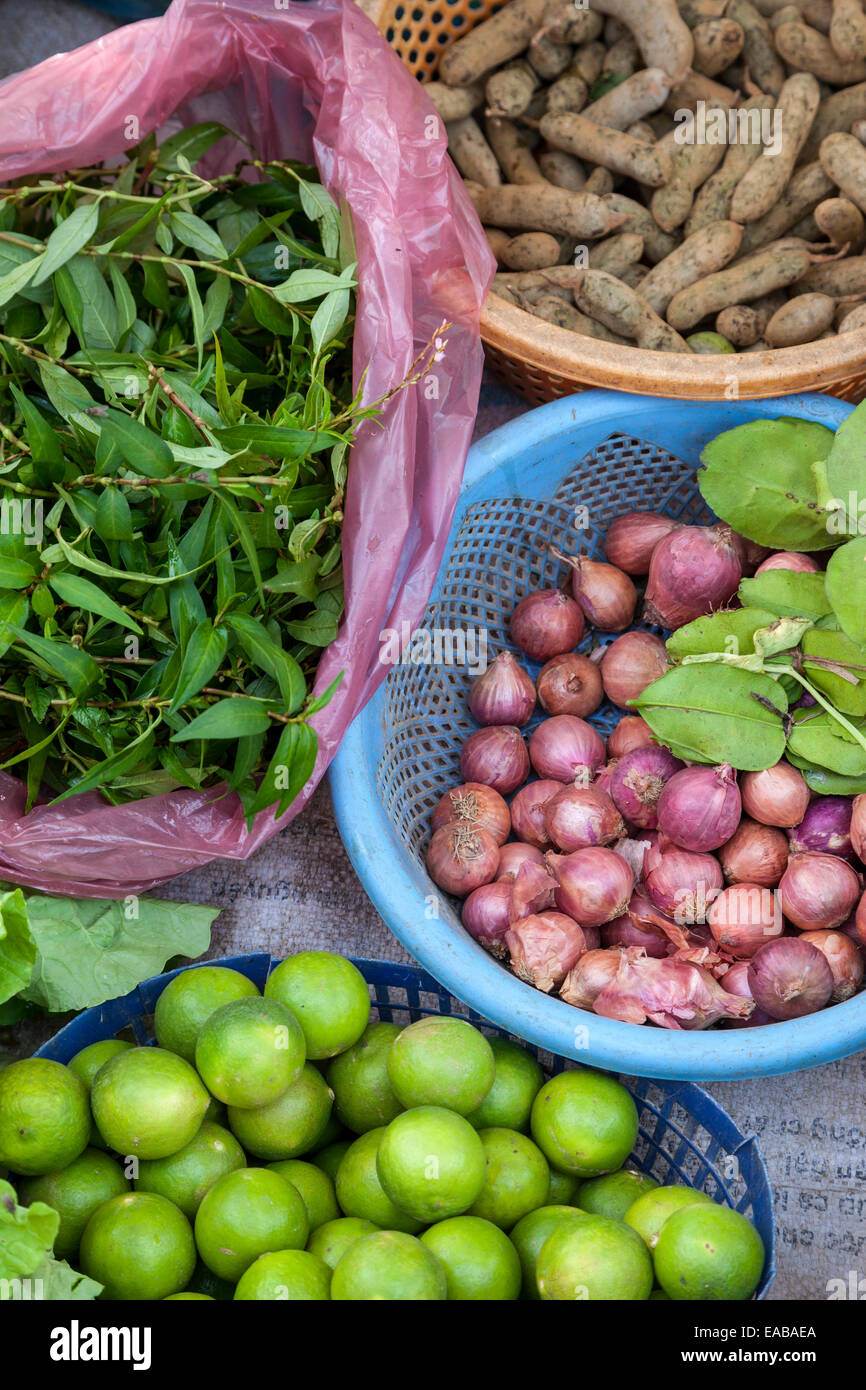 Cambodia.  Market near Siem Reap.  Fruits and Vegetables for Sale. Stock Photo