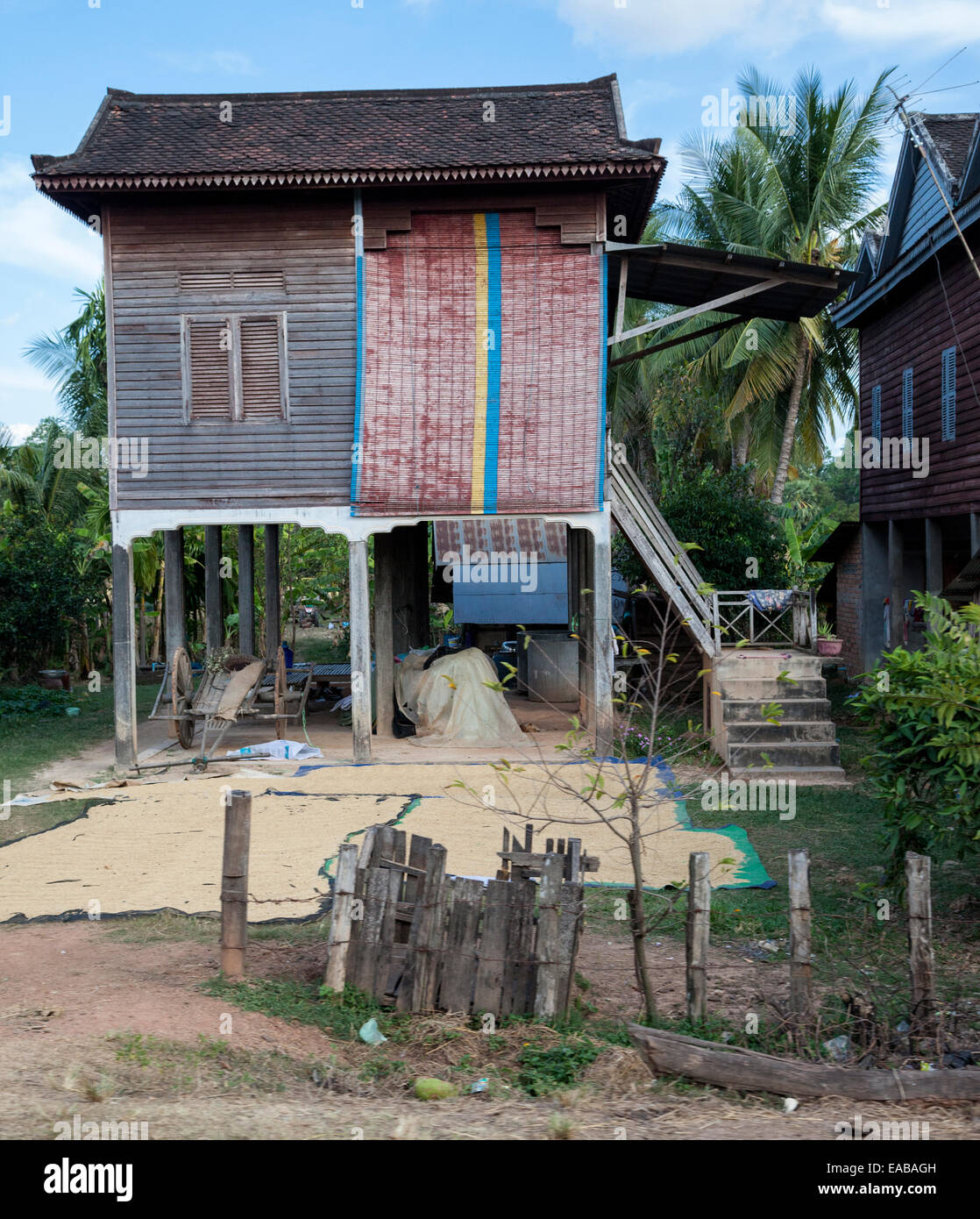 Cambodia Typical Rural House With Living Quarters Above The Ground