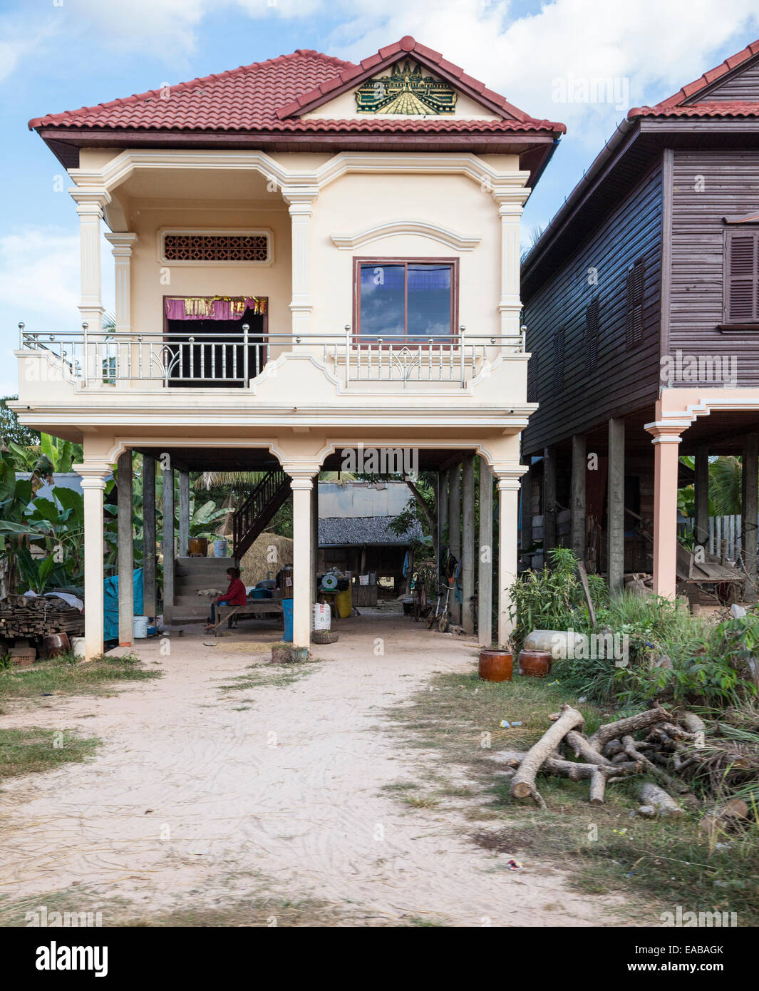 Cambodia Typical Modern Rural House With Living Quarters Above The