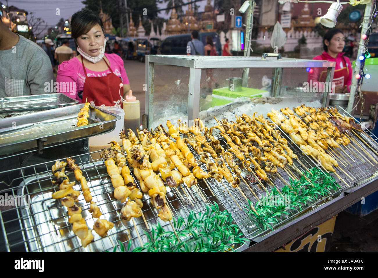 Meat,sausages and other snacks available at Street food cart at Night
