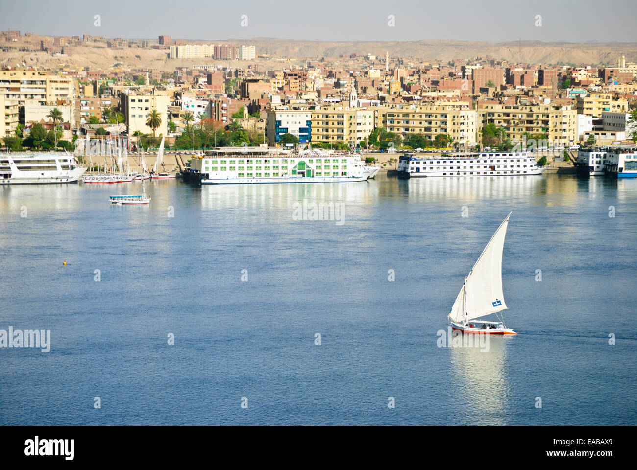 Felucca and cruises, transportation along Nile River, Aswan Stock Photo
