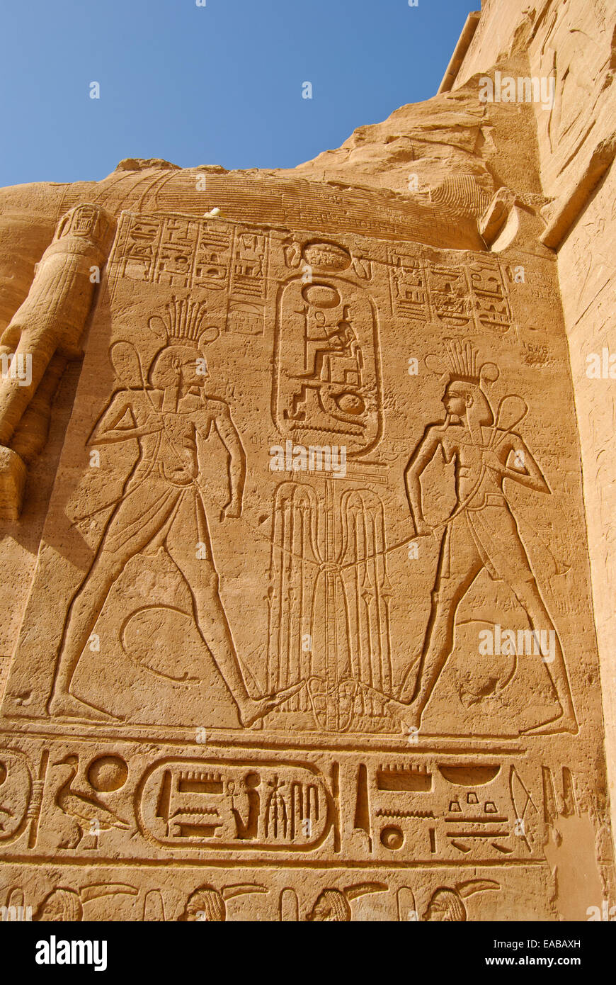 The hieroglyphs at the stone wall of Abu Simbel Stock Photo