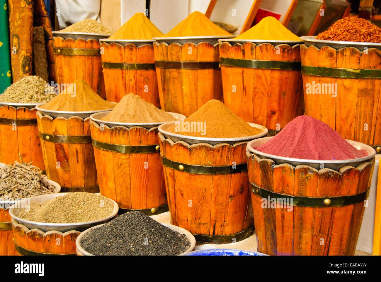Buckets of spices in a market in Aswan Stock Photo