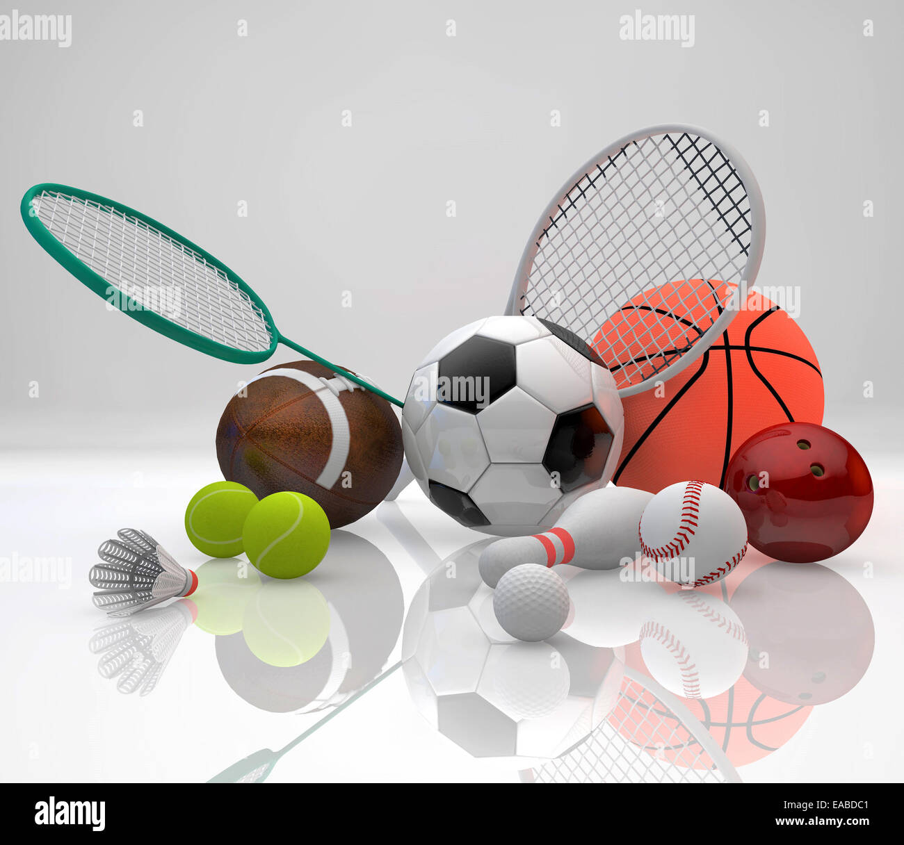 Assorted sports equipment including a basketball, soccer ball, tennis