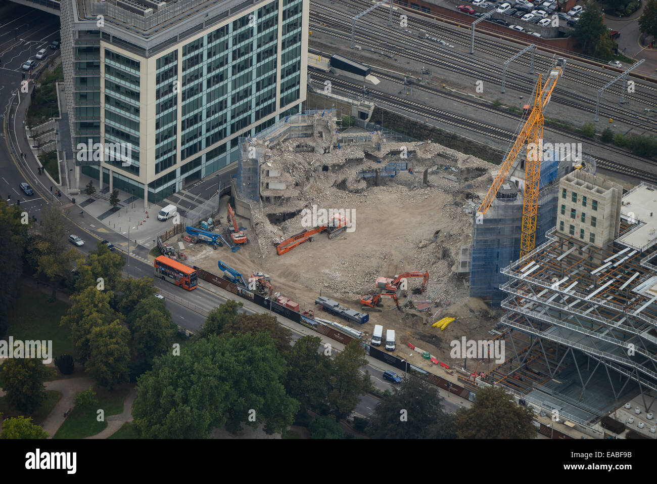 An aerial view of building demolition in Reading Stock Photo