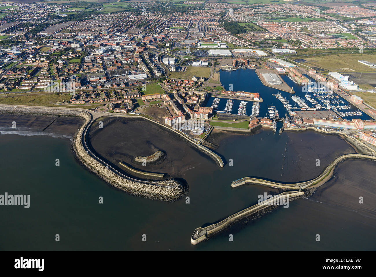 An aerial view of the harbour walls and marina at Hartlepool, North
