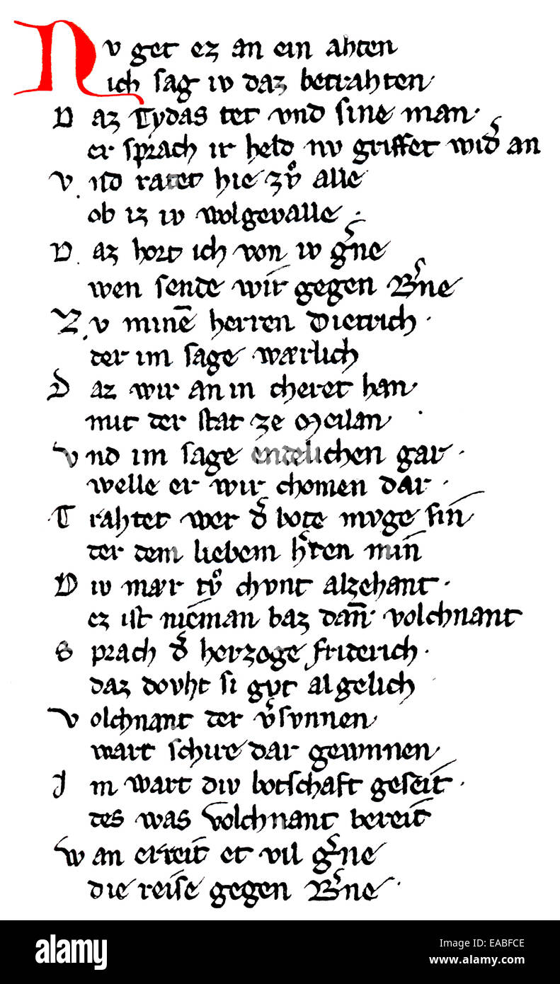Historic manuscript, rhyming couplet verses from Dietrich's Flight, Middle High German heroic epic poem, Rabenschlacht, Raven Ba Stock Photo