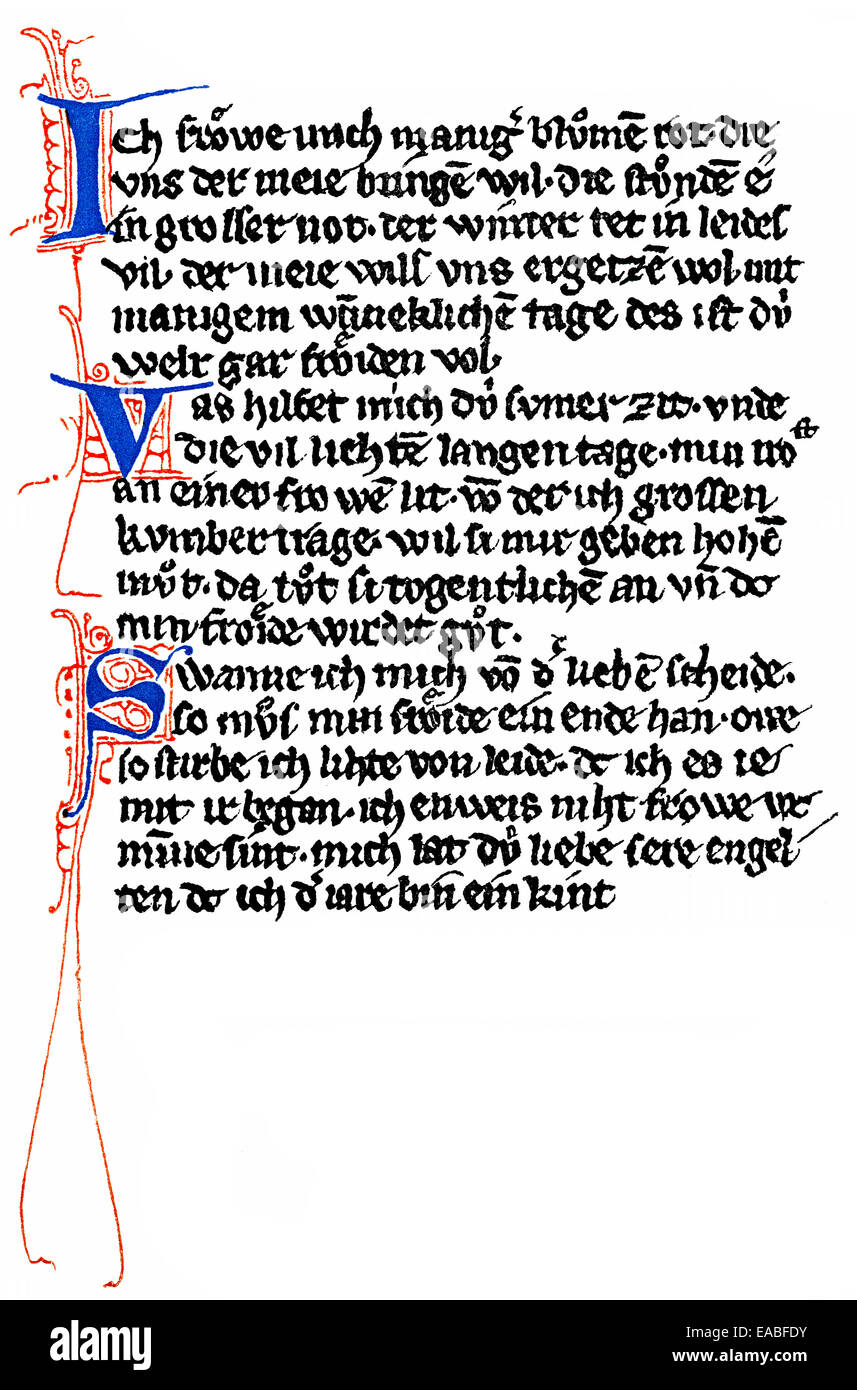 Historic print, manuscript, minnelied, love song by Conrad or Conradin, 1252 - 1268, Duke of Swabia as Conrad IV, King of Jerusa Stock Photo