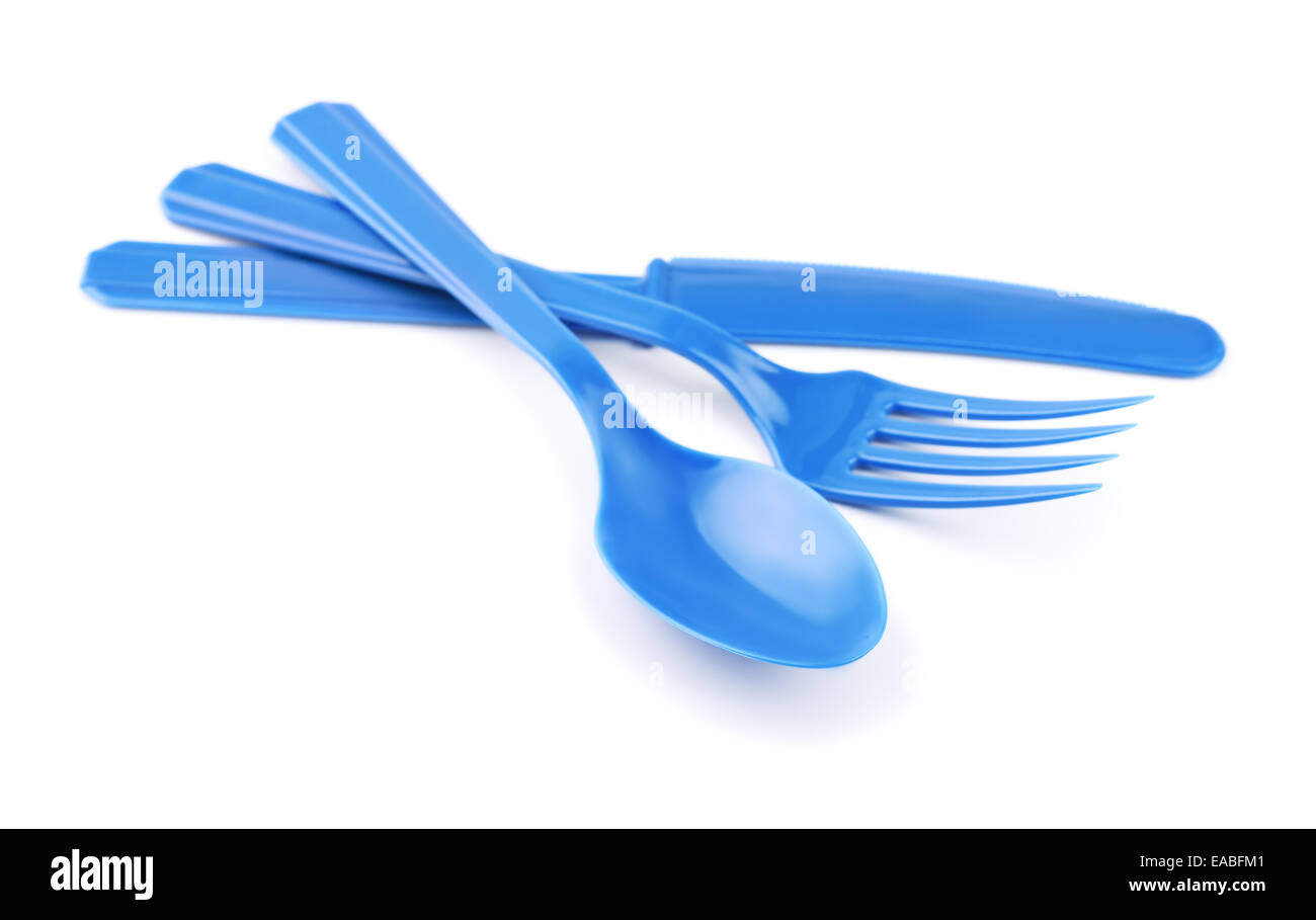 Blue disposable plastic cutlery isolated on white Stock Photo