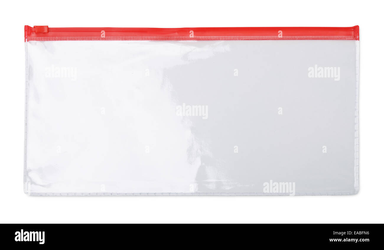 Plastic transparent zipper document  bag isolated on white Stock Photo