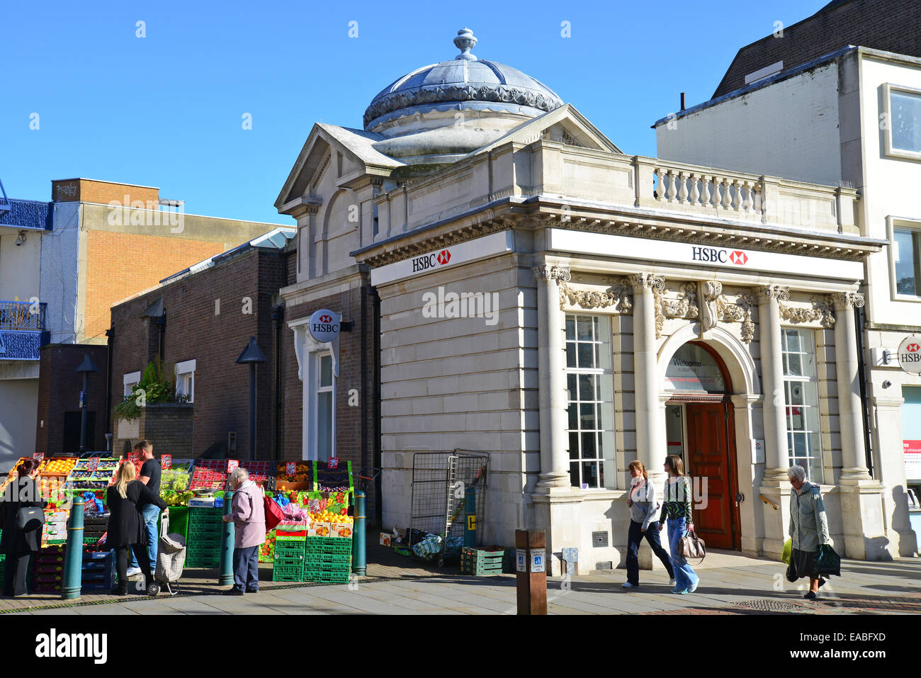 HSBC Bank and street fruit stall, High Street, Watford, Hertfordshire, England, United Kingdom Stock Photo