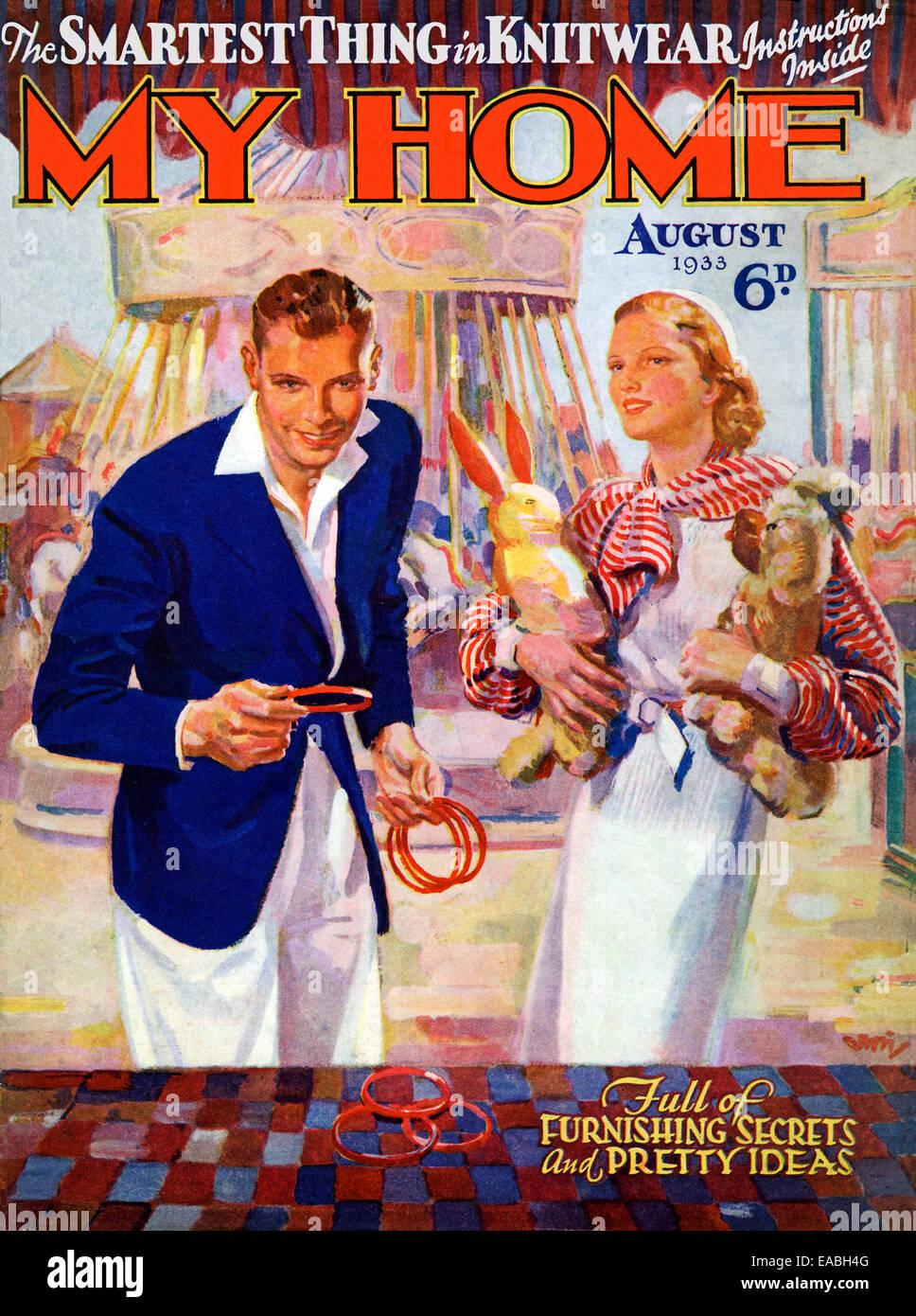 My Home, Funfair, 1933 cover of the English home and lifestyle magazine for the new suburban middle class, throwing quoits at the fair and winning prizes Stock Photo