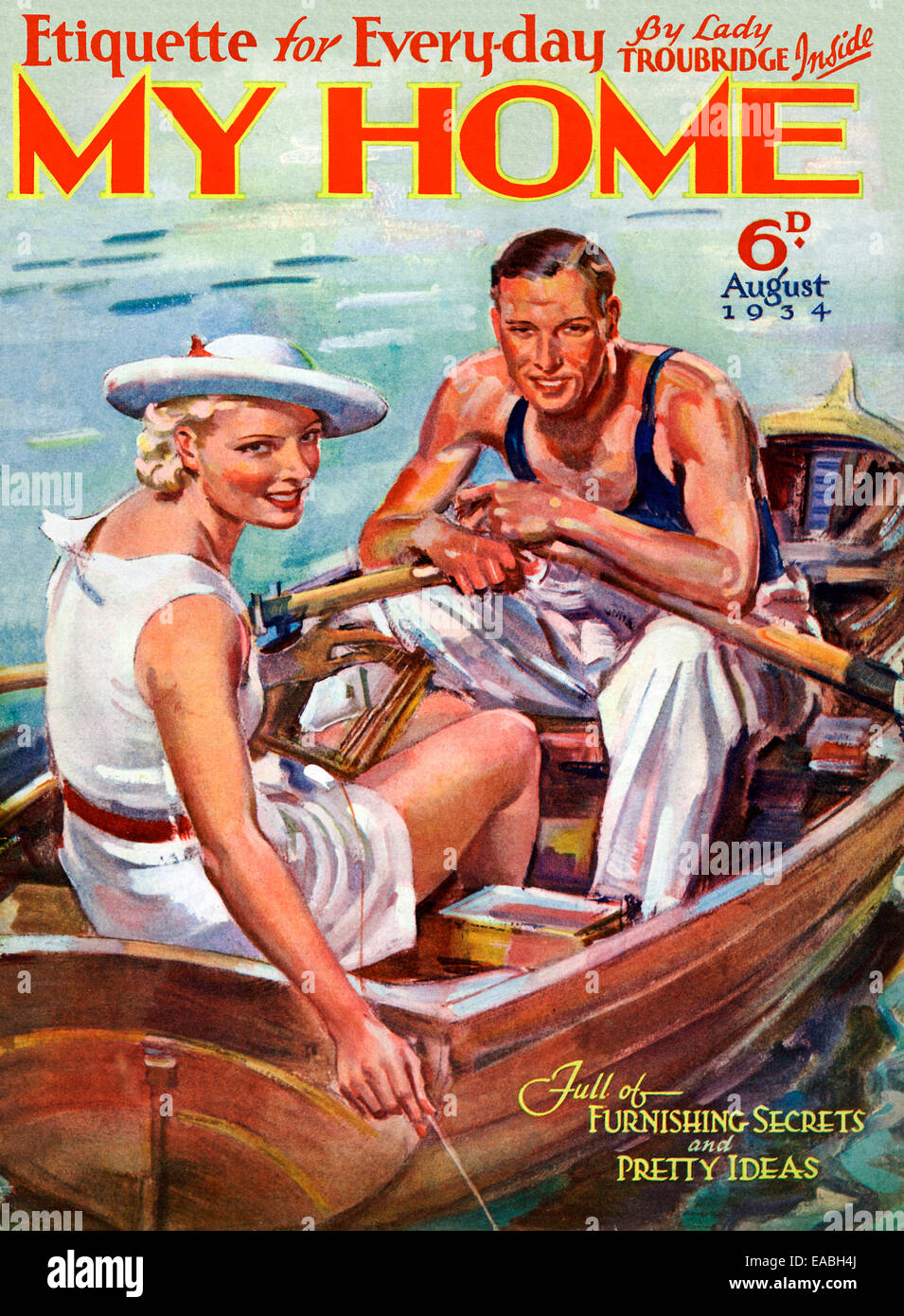 My Home, Fishing, 1934 cover of the English home and lifestyle magazine for the new suburban middle class, elegantly trailing a fishing line from a boat on holiday Stock Photo