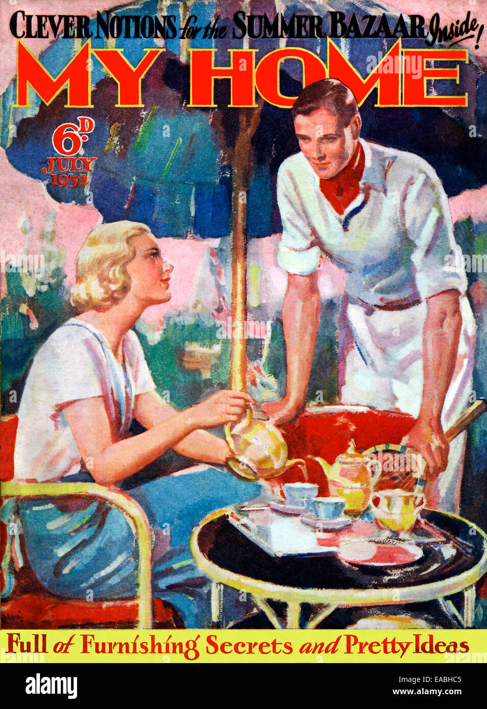 My Home, Garden Tea, 1932 cover of the English home and lifestyle magazine for the new suburban middle class, taking tea at the lawn tennis club Stock Photo