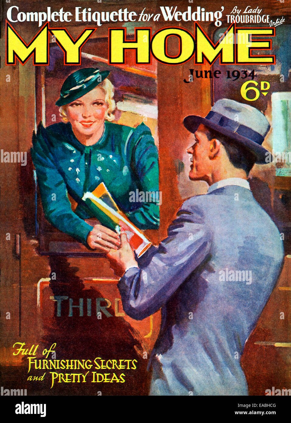 My Home, Railway Train, 1934 cover of the English home and lifestyle magazine for the new suburban middle class, seeing her off at the railway station Stock Photo