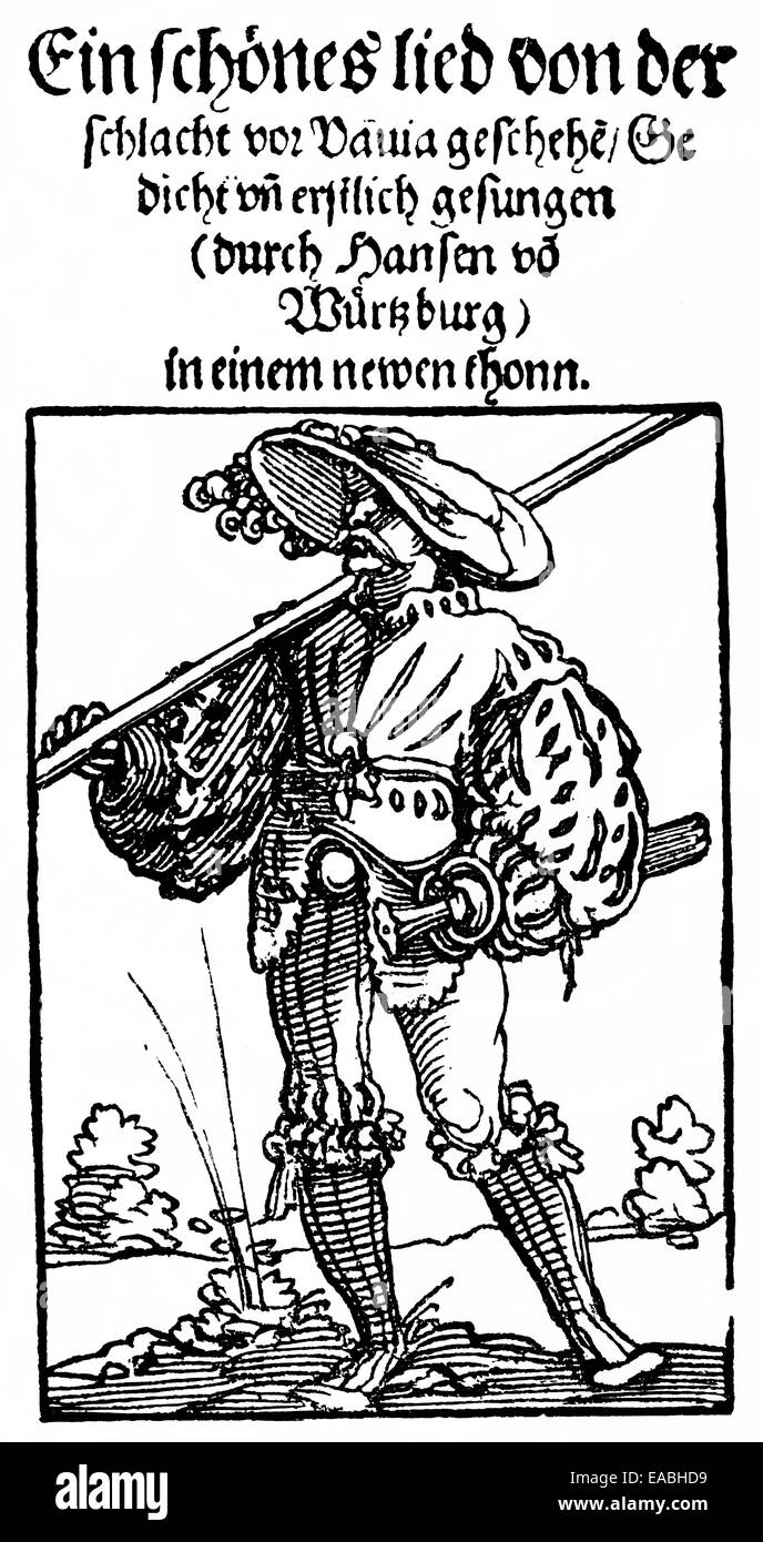 front page, book of folk songs of 1536, about the battle of Pavia, Holzschnitt,Titel, Volkliederbuch von 1536 über die Schlacht Stock Photo