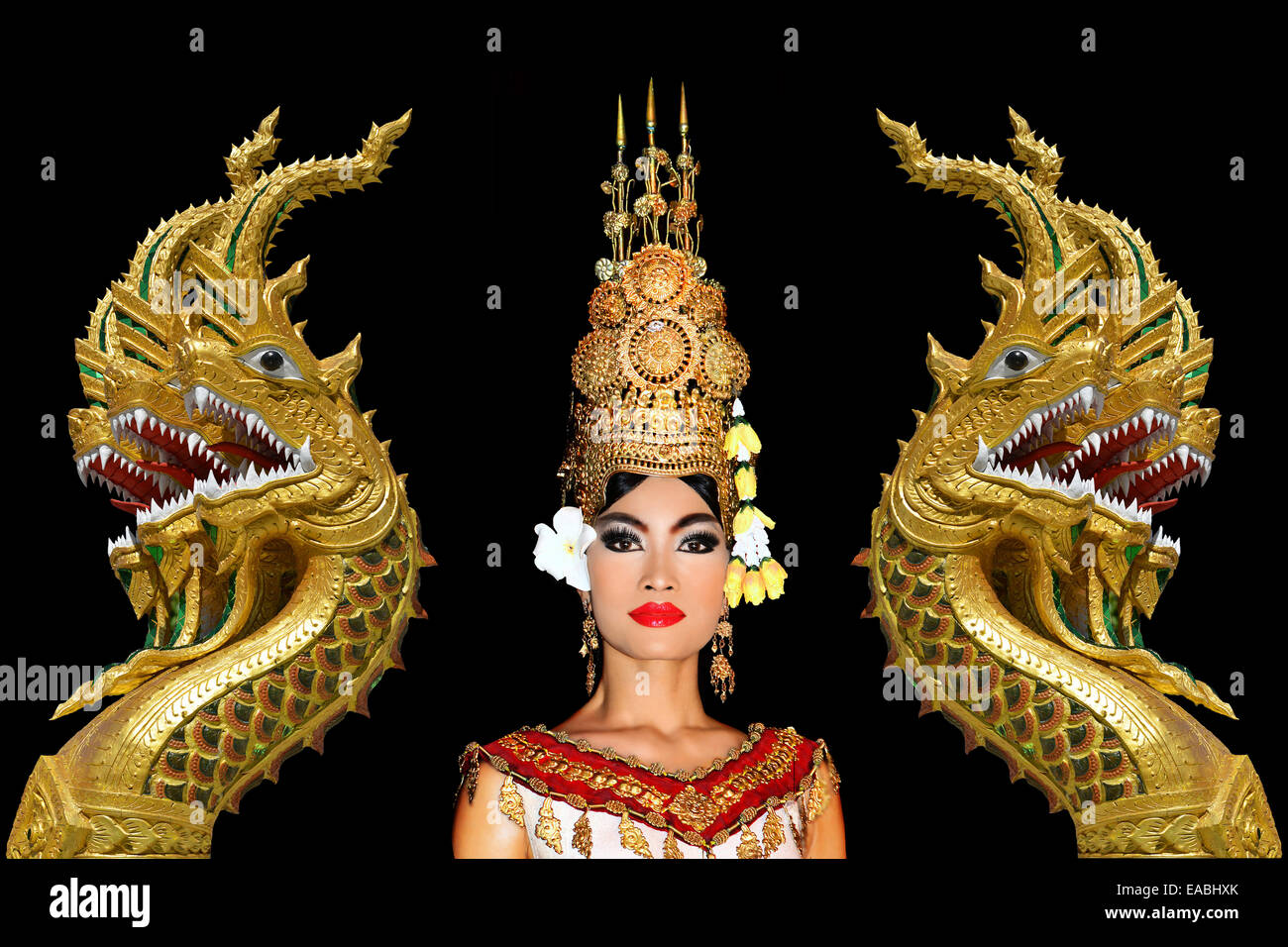 Apsara dancer with two Naga Snakes Stock Photo