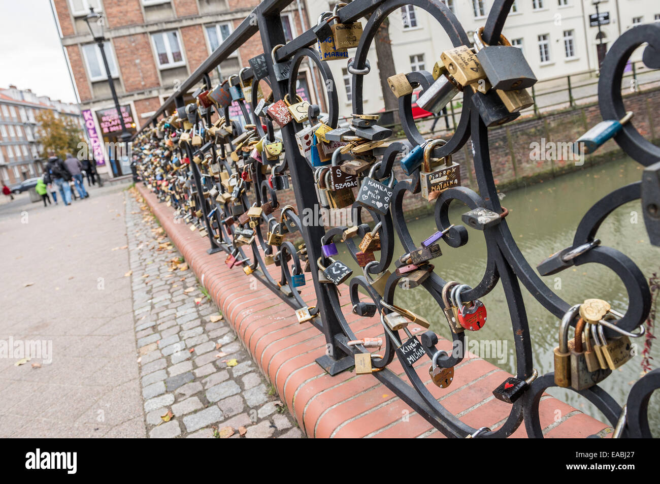 lovers padlocks on Chlebowy Bridge (Bread Bridge) from XIV c. Radunia
