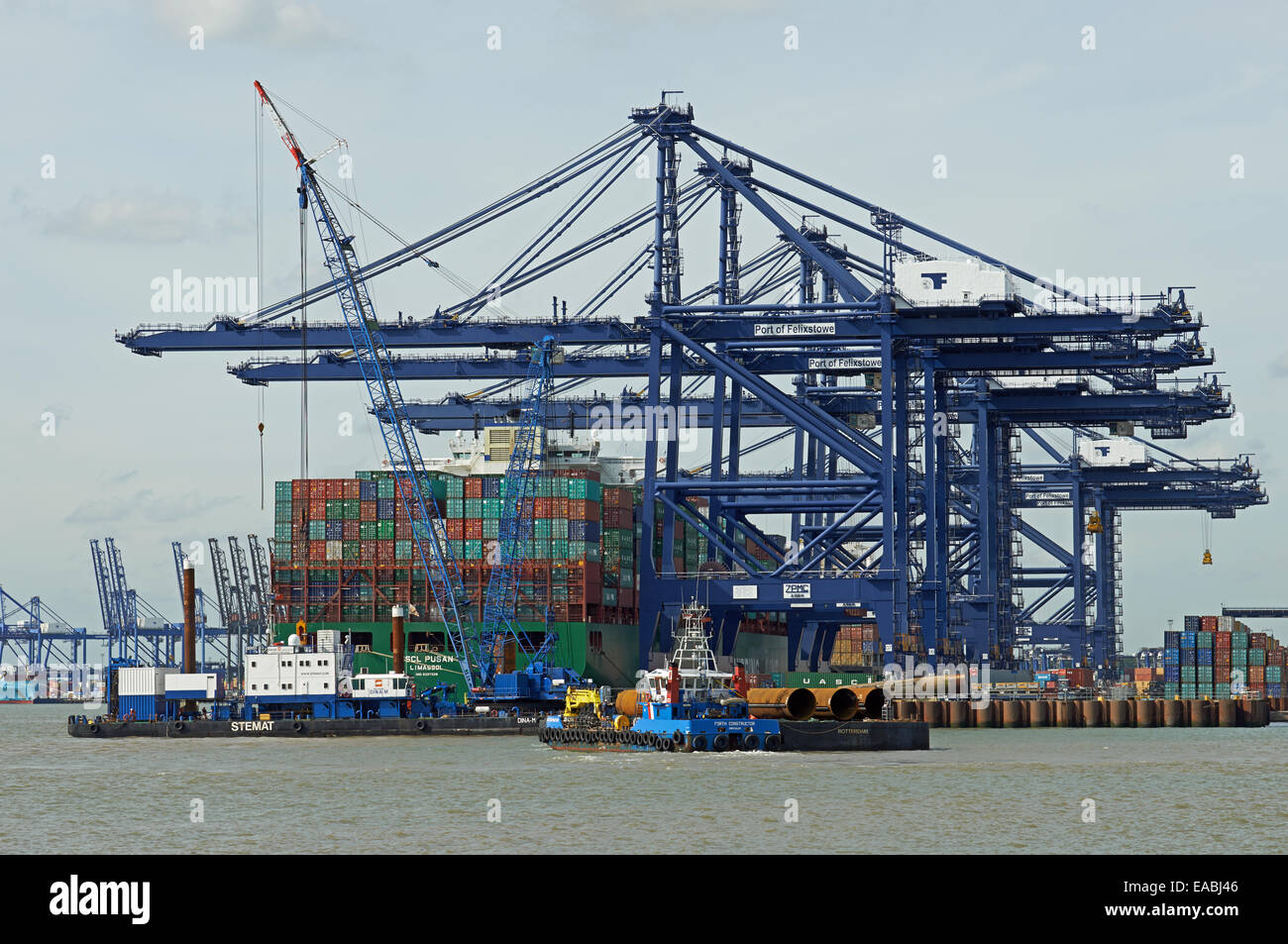 Steel piles onboard the Forth Constructor barge carrying out work at Berths 8 & 9 at the port of Felixstowe, Suffolk, UK. Stock Photo