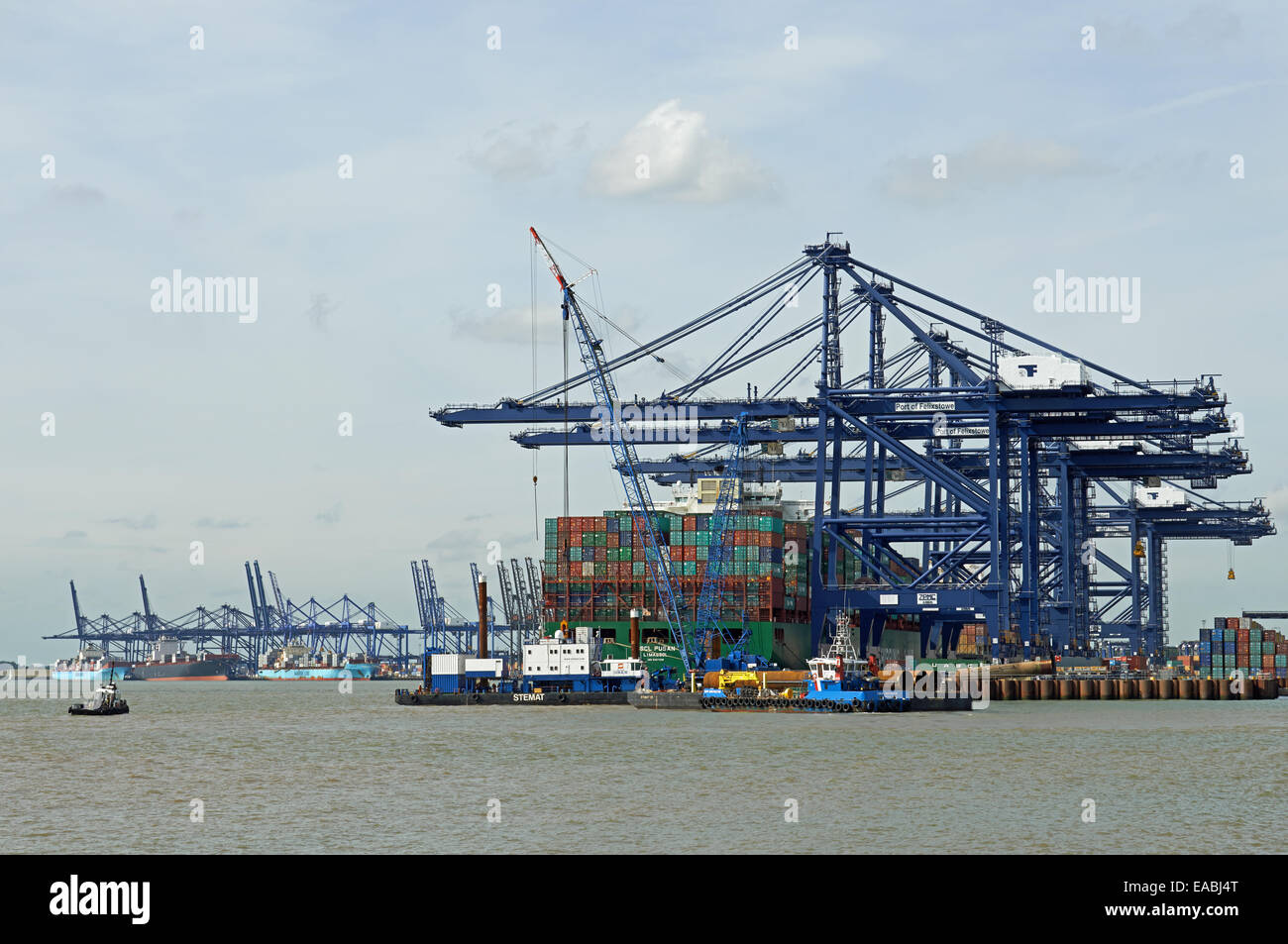 Steel piles onboard the Forth Constructor barge carrying out work at Berths 8 & 9 at the port of Felixstowe, Suffolk, UK. Stock Photo
