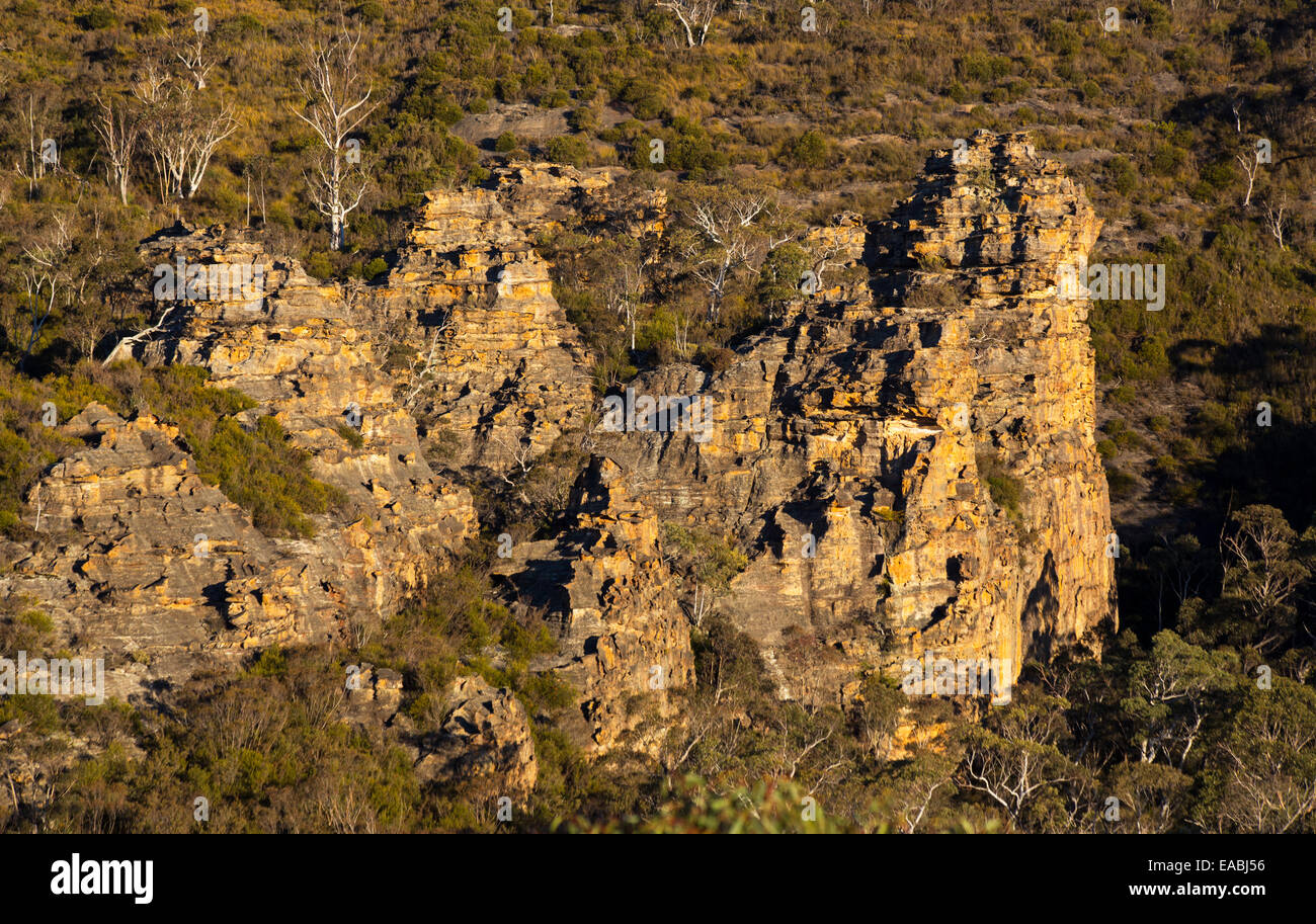 View of bushland and rugged sandstone outcrops in Blue Mountains National Park, NSW, Australia Stock Photo
