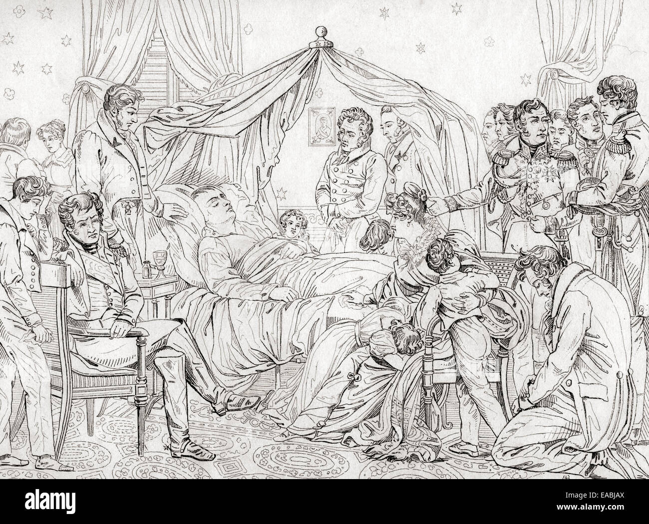 The death of Napoleon, May 5, 1821, at Longwood House, St. Helena. After the painting by Charles Auguste Steuben. Stock Photo