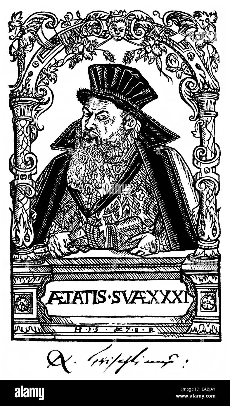 Philipp Nicodemus Frischlin, 1547 - 1590, humanistic philologist, modern Latin poet and playwright, Holzschnitt von 1578, Portra Stock Photo