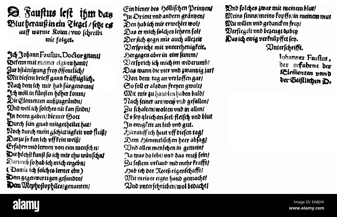Historic print, 1587, text from the Faust chapbook, Historische Druck, 1587, Text aus dem Volksbuch Faust Stock Photo