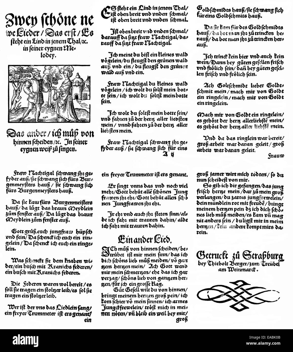 Historic print, 1560, page from a book of folk songs, printed by Thiebold Berger, Historische Druck, 1560, Seiten aus einem Volk Stock Photo