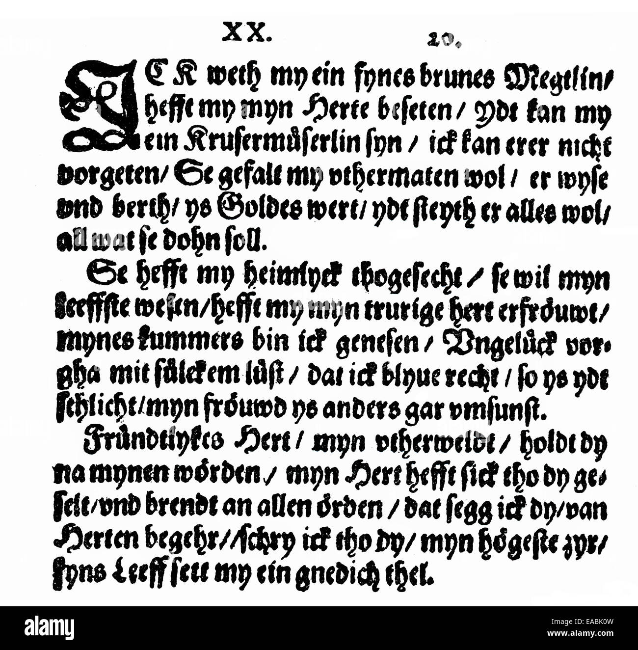 Historic print, 1620, a Low German love song, Historische Druck, 1620, Niederdeutsches Liebeslied, Stock Photo
