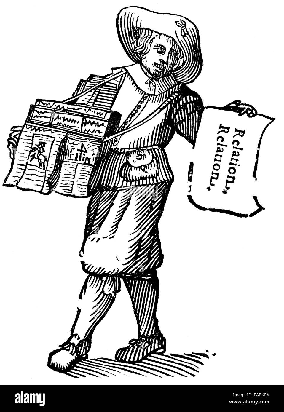 newspaper vendor of 1631, Historische Druck, Zeitungsverkäufer von 1631 Stock Photo