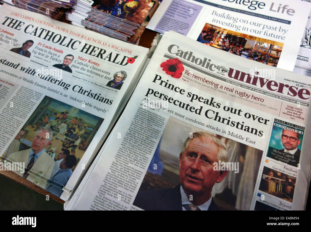 Roman Catholic newspapers on sale in a Catholic church, London - Catholic Herald and Catholic Universe Stock Photo