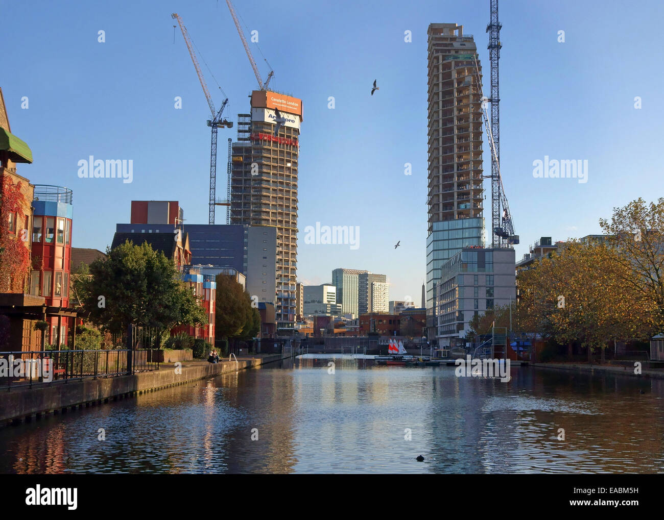 Canaletto (L) and Lexicon luxury flats developments in City Basin, Islington, London Stock Photo