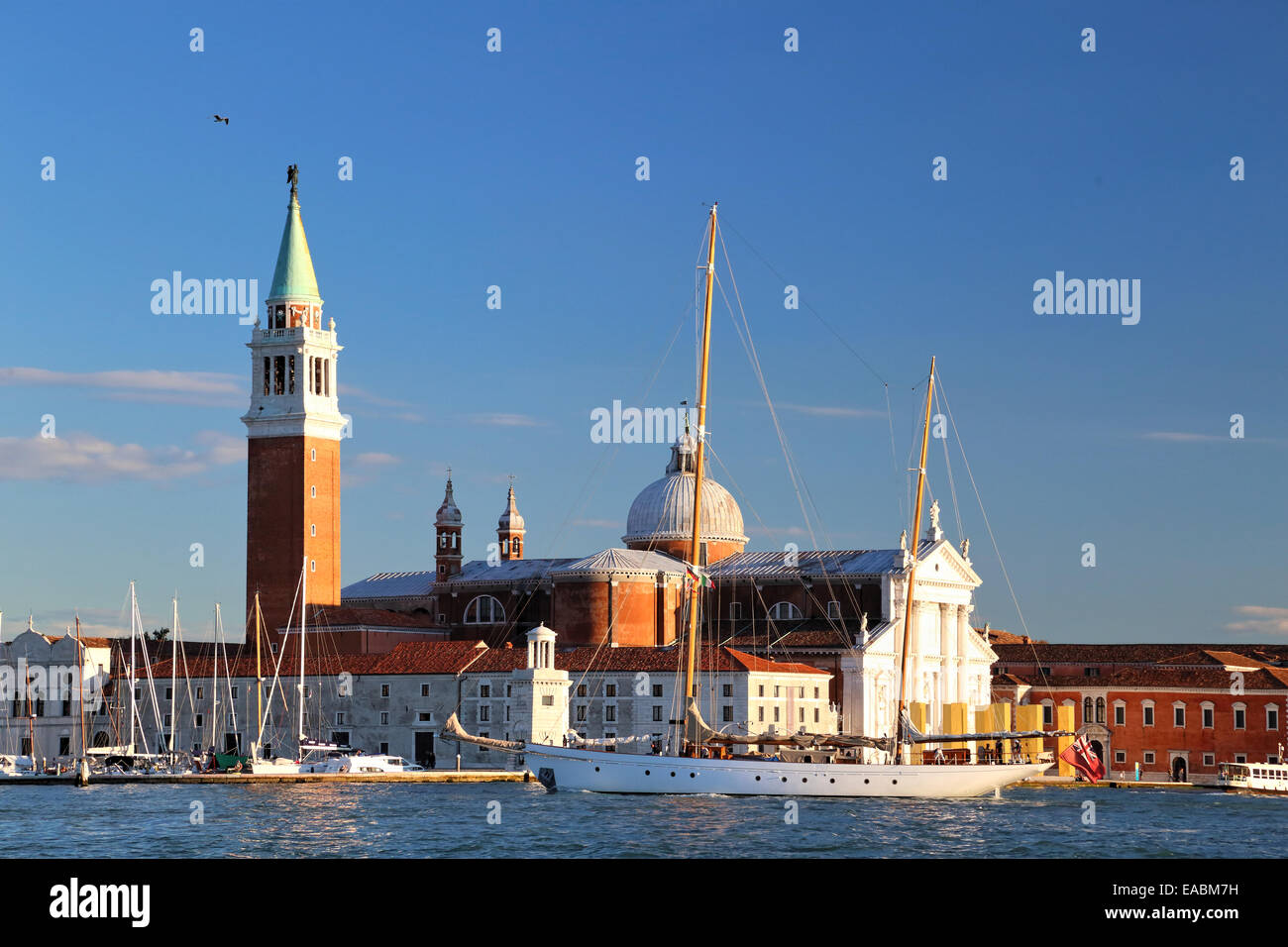 Sailing Yacht Sylvia passing Isola di San Giorgio Maggiore island, Venice Stock Photo