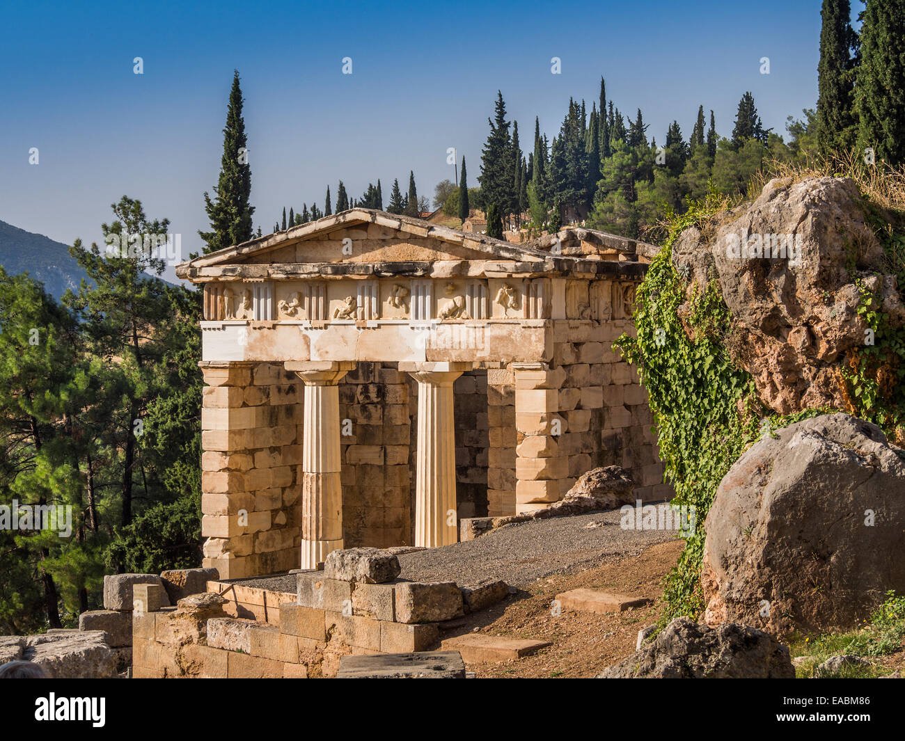 The reconstructed Treasury of Delphi, Greece, built to commemorate their victory at the Battle of Marathon. Stock Photo