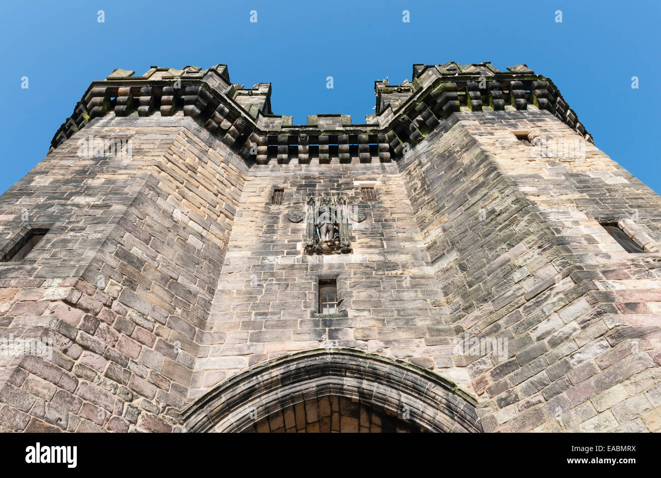 Lancaster Castle, Lancashire, UK. The main entrance is through the 15th century gatehouse (John O' Gaunt's Tower) Stock Photo