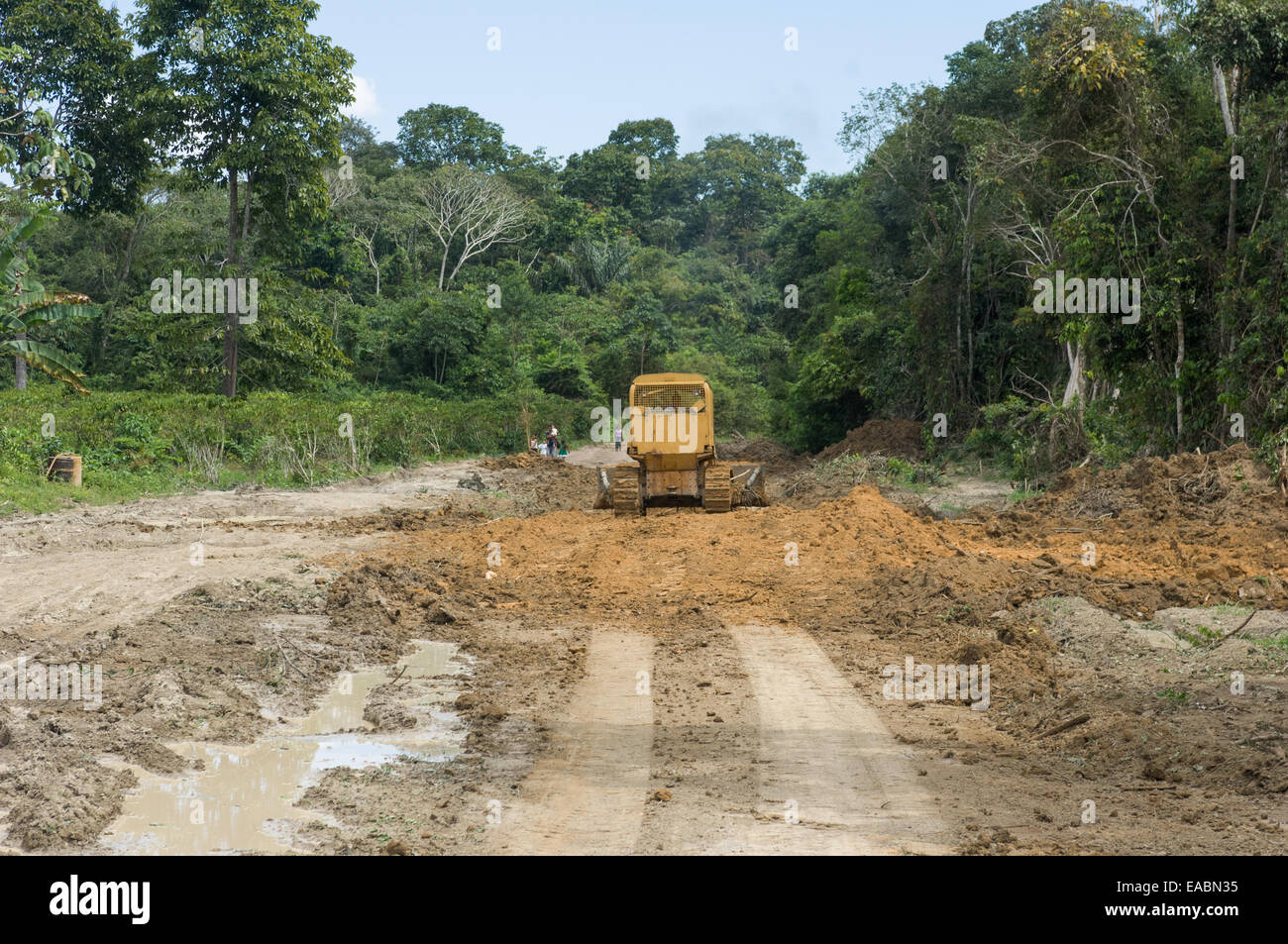 Para State, Brazil. Bulldozer clearing a new dirt road in the Amazon near the Tapajos River. Stock Photo