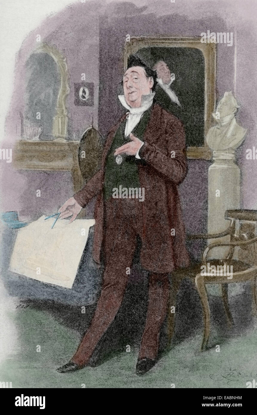 Charles Dickens (1812-1870). Mr. Pecksniff in the novel 'Martin Chuzzlewit', 1843-1844. Colored engraving. Stock Photo
