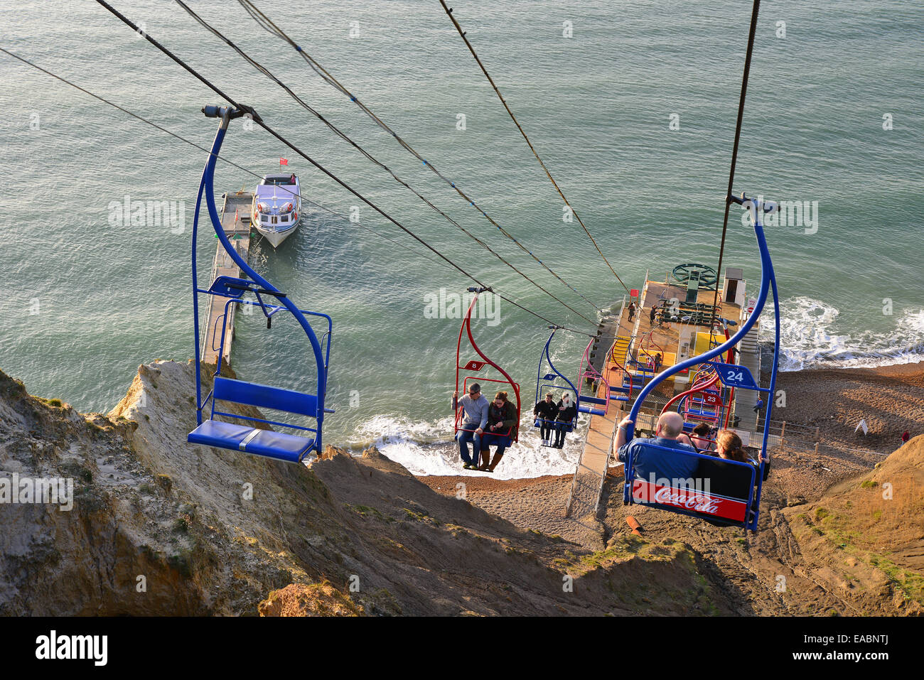 Chairlift down to multicoloured sand cliffs, Alum Bay, Isle of Wight