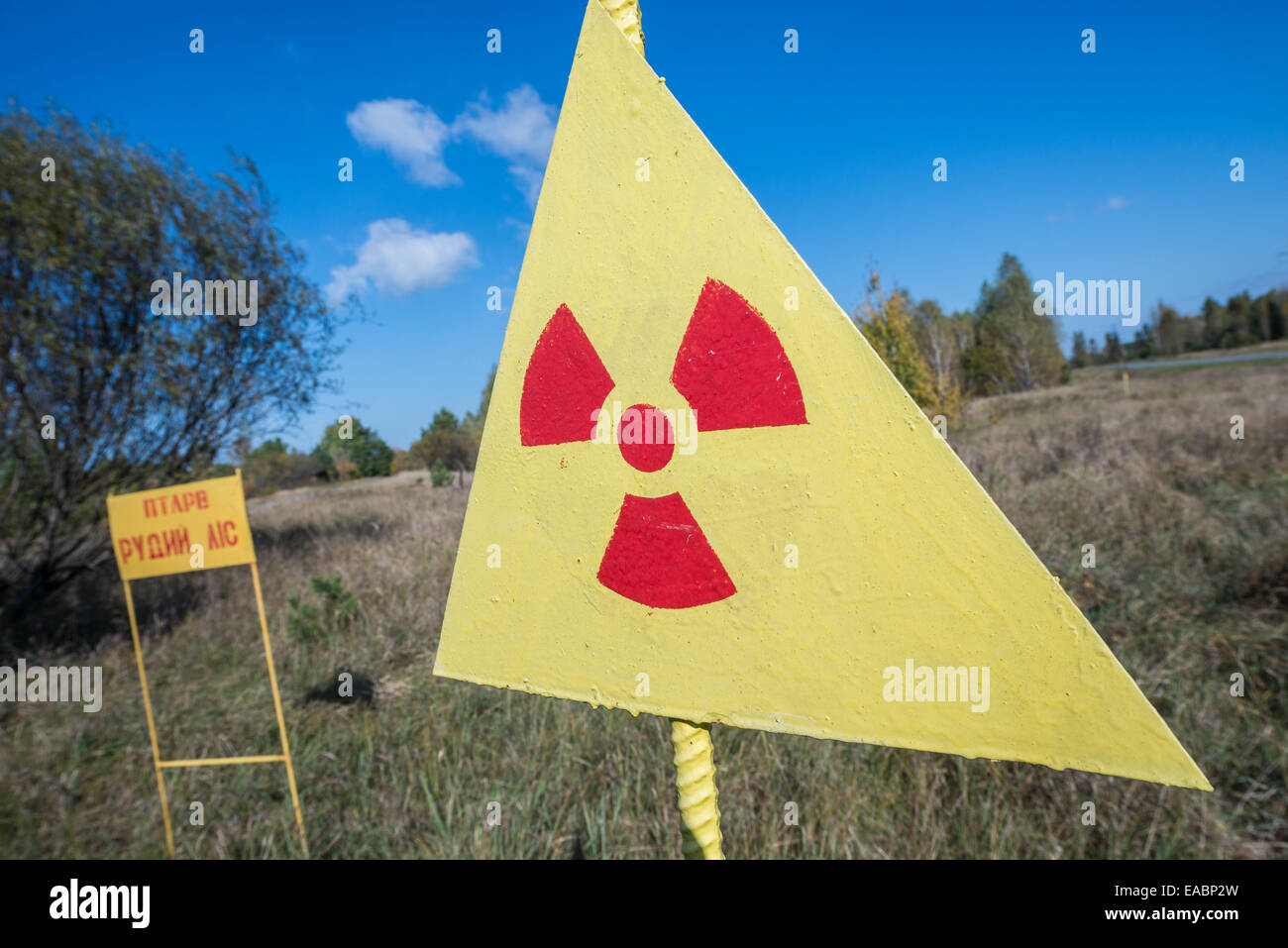 Radiation sign near Red Forest in Chernobyl Nuclear Power Plant Zone of Alienation on Ukraine