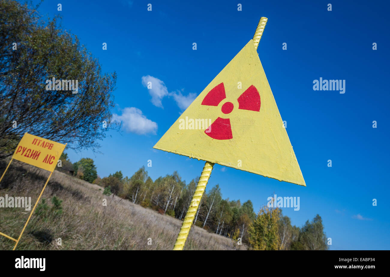 Radiation sign near Red Forest in Chernobyl Nuclear Power Plant Zone of