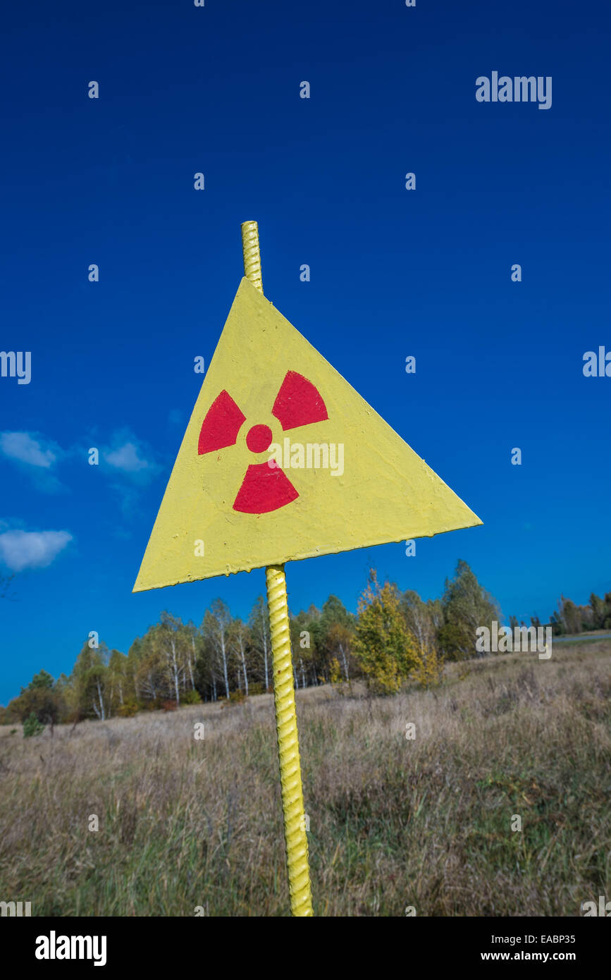 Radiation sign near Red Forest in Chernobyl Nuclear Power Plant Zone of